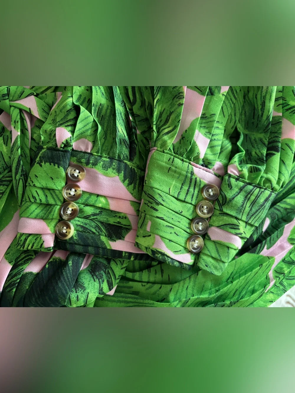 Beulah Green and Pink Leaf-Print Pleated Maxi Dress - Picture 6 of 11